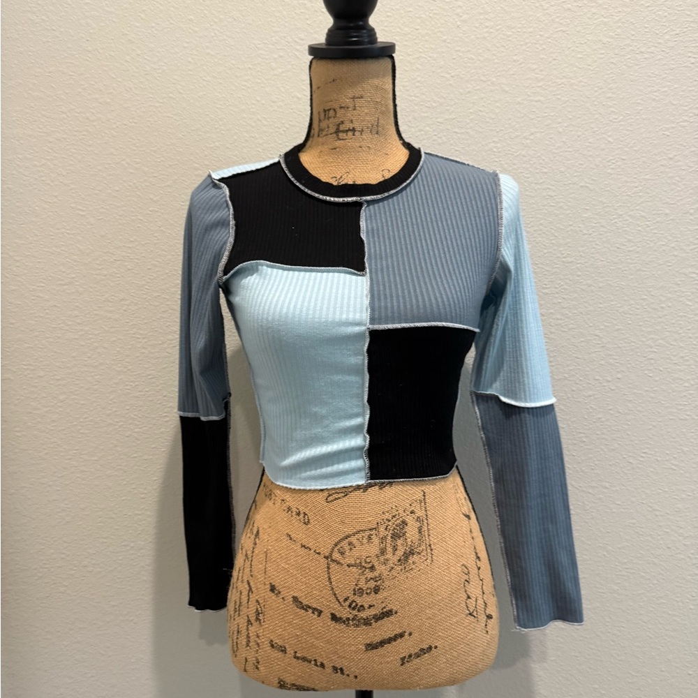ROMWE Patchwork Long Sleeve Top - Black, Blue, Gray